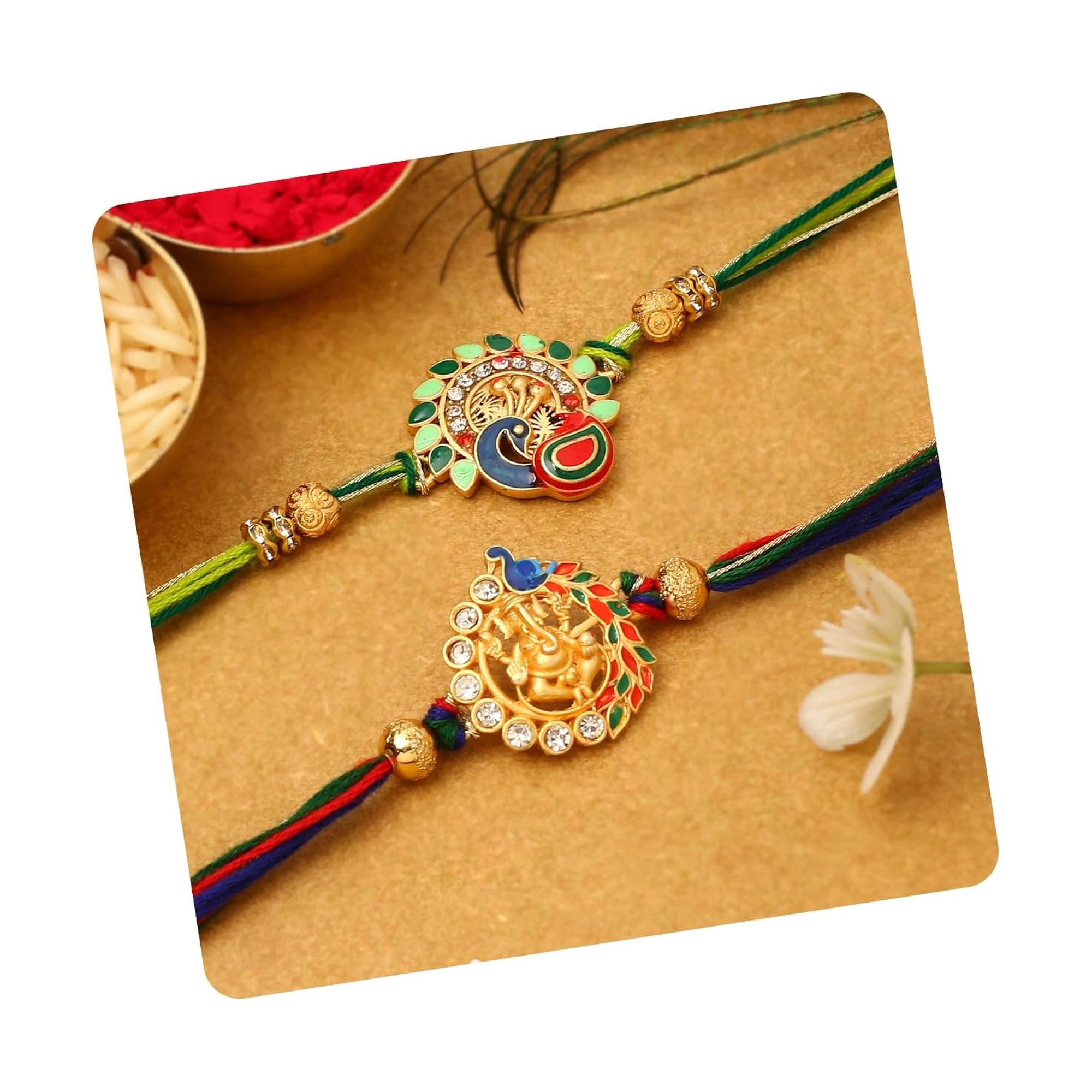 Golden Peacock Kundan Rakhi for Brother, Pack of 2